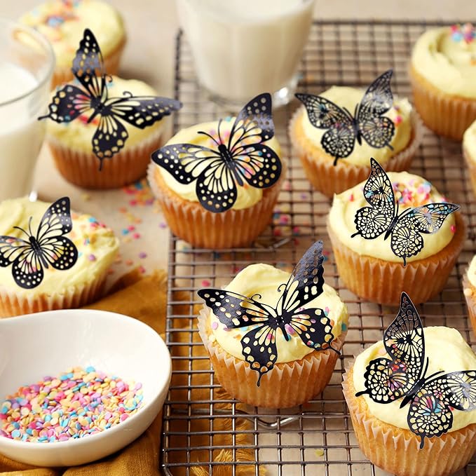 Gyufise 36 Pack Black Laser 3D Butterfly Cupcake Toppers Hollow Cake Decorations for Birthday Wedding Fairy Party Wall Sticker Decal