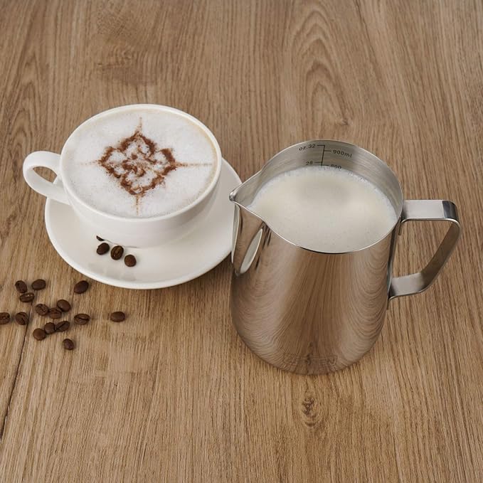 Milk Frothing Pitcher, 32oz Espresso Steaming Pitchers Stainless Steel Cappuccino Coffee Machine Accessories Barista Tools Steamer Froth Pitchers Milk Jug Cup with Decorating Pen Latte Art