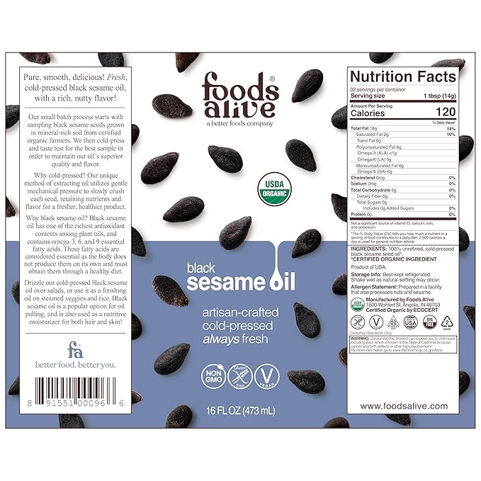 Foods Alive | Organic Black Sesame Oil | Artisan Cold-Pressed | Extra-Virgin | Unrefined | 16 Fl Oz (Pack of 1)