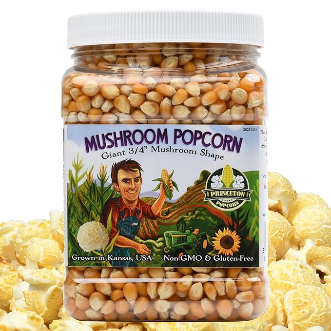 Princeton Popcorn Mushroom Hulless Popcorn Kernels ??Easy-Eating, Ball Shaped Tender Popping Corn, Non-GMO Popcorn Kernels, No Hulls, Farmer Direct, Microwave Air Popper or Stovetop 32oz Jar