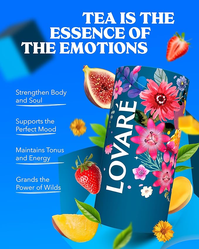 LOVARE Love Blossom Loose Leaf Tea 80 g - Made in Ukraine - Dry Fig, Mango, and Strawberry Pieces, Safflower Petals, Passion Fruit & Mango Flavors - Tea Lovers Gift Box with 15 Paper Filters