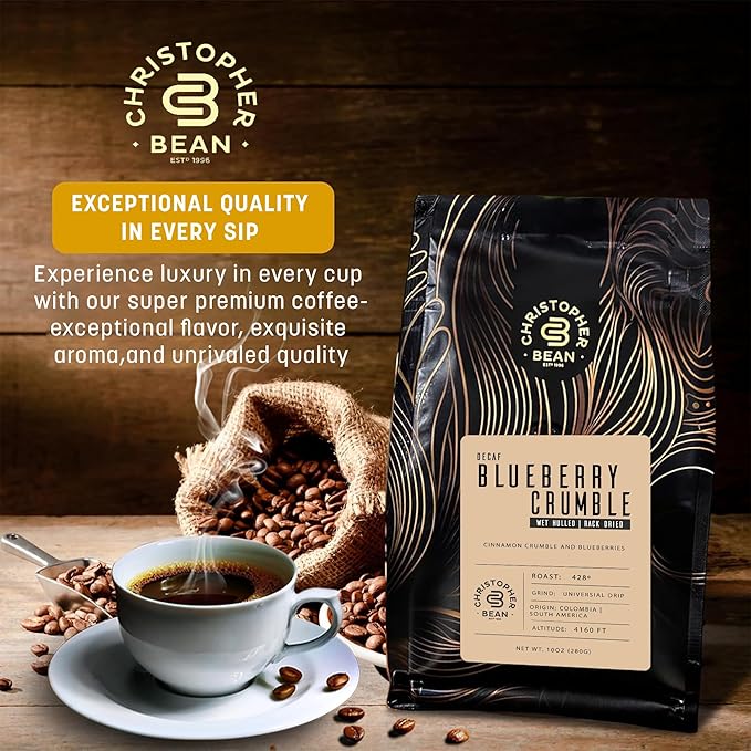 Christopher Bean Coffee - Certified Kosher - Decaf Ground Universal Drip Blueberry Crumble Flavored Coffee| Flavored Coffee with Medium Roast 100% Arabica, No Sugar, No Fats, Non-GMO | 10-Ounce