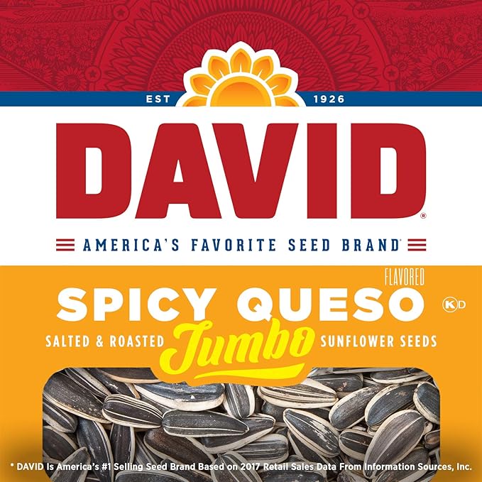DAVID Roasted and Salted Spicy Queso Jumbo Sunflower Seeds, Keto Friendly, 5.25 oz, 12 Pack