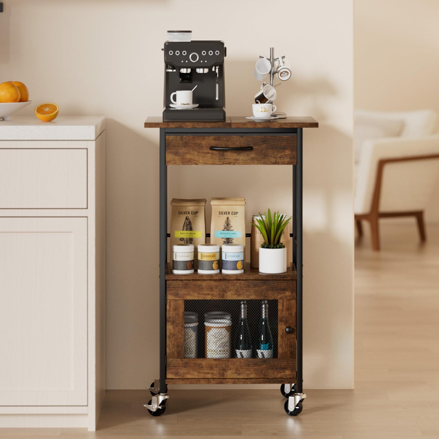 SWTYMIKI Buffets Coffee Bar Cabinet - Rolling Kitchen Rack, Farmhouse Small Coffee Stand with