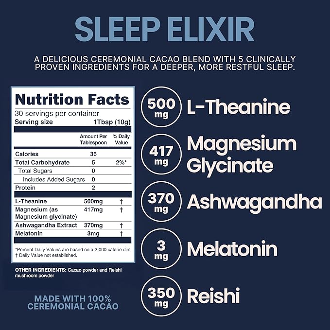 KORACAO Sleep Elixir Cacao Blend ??Ceremonial-Grade Cocoa Drink with Magnesium, L-Theanine, Reishi, Melatonin & Ashwagandha ??300g (30 Servings) for Relaxation & Restful Sleep