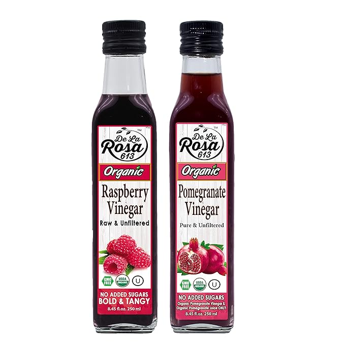 De La Rosa Organic Raspberry & Pomegranate Vinegar, Raw & Unfiltered, Vegan, Gluten Free & Kosher, Great for Organic Salad Dressing and Marinades, 100% Pure Vinegars 8.45 Oz (Pack of 2)