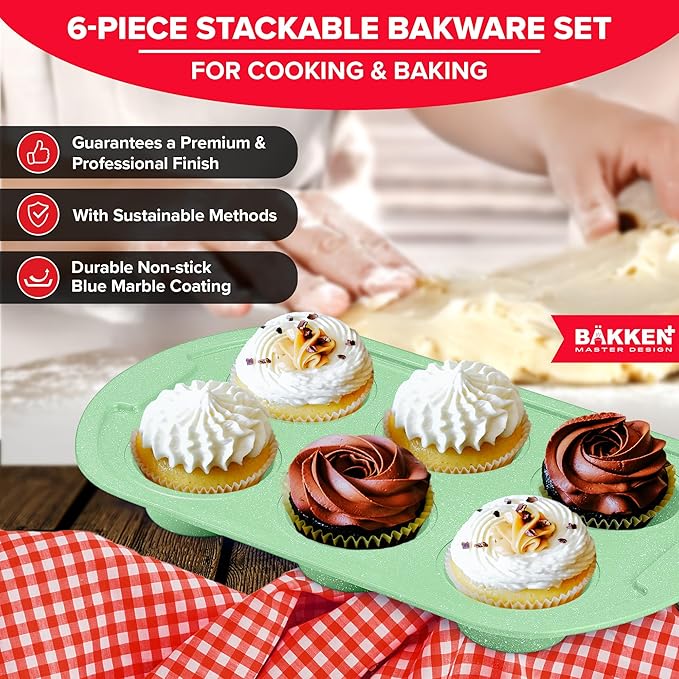 BAKKEN Kitchen Baking Pan Set - Nonstick Green Marble Coating, Commercial Grade Carbon Steel Bakeware Sets, Baking Kitchen Essentials, PFOA, PFOS, PTFE Free, Oven Safe Tray (Up To 450° F), Set of 6