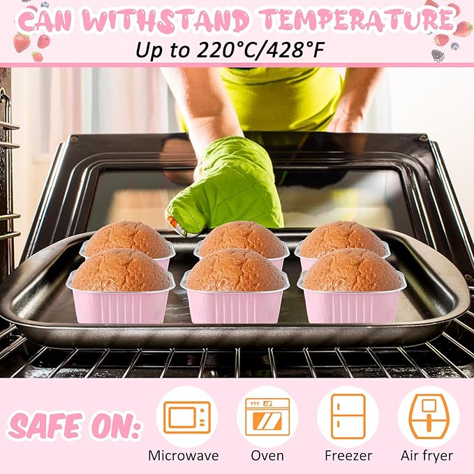 Aoriher 300 Pieces 10 oz Mini Cake Pans with Lids, Aluminum Foil Baking Cups, Square Disposable Cupcake Cups Baking Tins for Wedding Birthday Party Supplies(Pink)