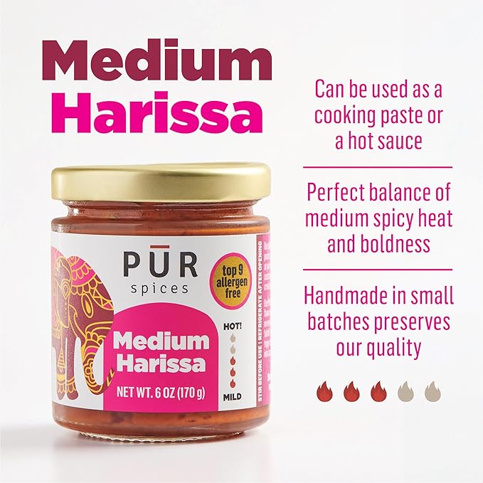 PUR Spices Medium Harissa Paste I Hot Sauce for Cooking and Dipping I Spicy Chili Pepper and Garlic Paste | Middle Eastern Inspired | Plant Based, Gluten Free, No Sugar Added, Preservative and Additive Free I 6oz Jar