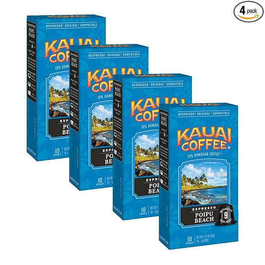 Kauai Coffee Espresso Pods Compatible with Nespresso Original Coffee Makers – Arabica Coffee, 10% Hawaiian – Dark Roast, Rich Cocoa & Smoky Finish – Poipu Beach, 4 Packs of 10 Espresso Pods