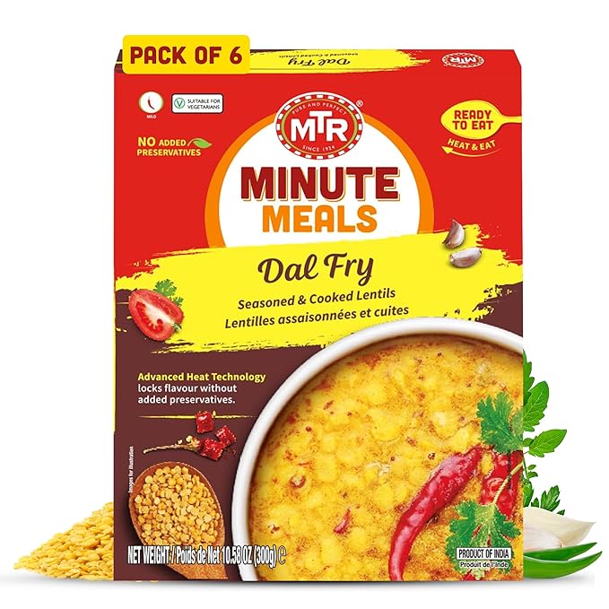 MTR - Minute Meals: Dal Fry - Flavorful Seasoned & Cooked Lentils - Authentic Indian Ready-To-Eat Meal - No Added Preservatives - A Quick Meal Suitable for Vegetarians, Ready in Minutes! (Pack of 6)