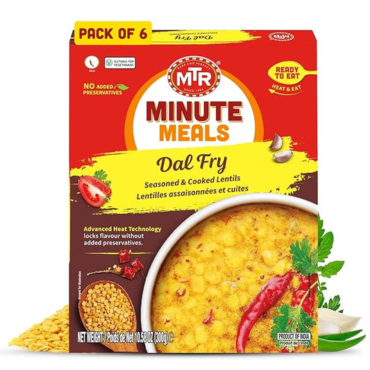 MTR - Minute Meals: Dal Fry - Flavorful Seasoned & Cooked Lentils - Authentic Indian Ready-To-Eat Meal - No Added Preservatives - A Quick Meal Suitable for Vegetarians, Ready in Minutes! (Pack of 6)
