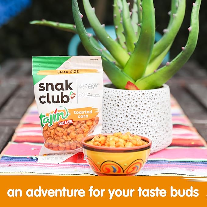 Snak Club Tajin Toasted Corn, Roasted Corn Nuggets with Chili and Lime Seasoning, Mild, Non-GMO, Gluten-Free, Kosher Snack, No Artificial Colors or Flavors, 4 oz Resealable Bags, 6 Pack