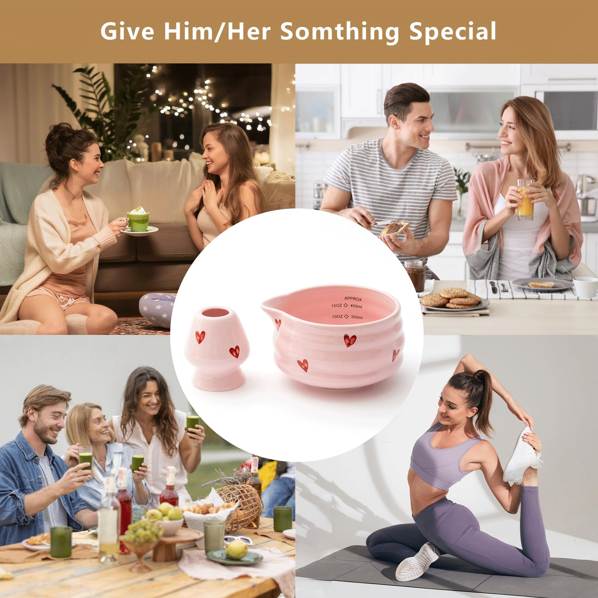 YumiPLUS Ceramic Matcha Bowl with Bamboo Whisk Holder, Pink Love, Set of 2