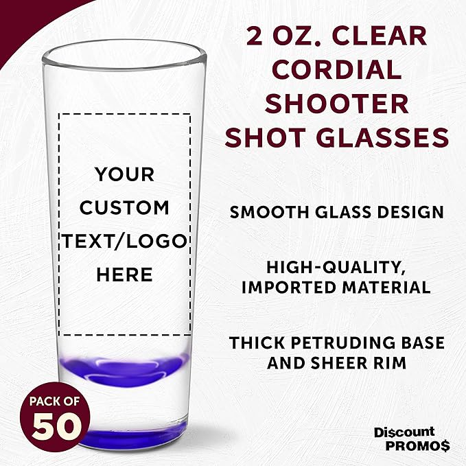 Custom Cordial Shooter Shot Glasses 2 oz. Set of 50, Personalized Bulk Pack - Great for Birthdays, Parties, Indoor & Outdoor Events - Purple