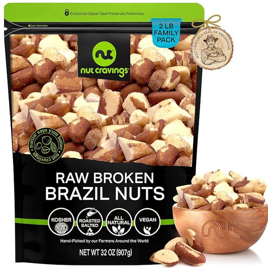 NUT CRAVINGS - Raw Broken Brazil Nuts, Unsalted, No Shell, (32oz - 2 LB) Bulk Nuts Packed Fresh in Resealable Bag - Kosher Healthy Snack, Food Assortments