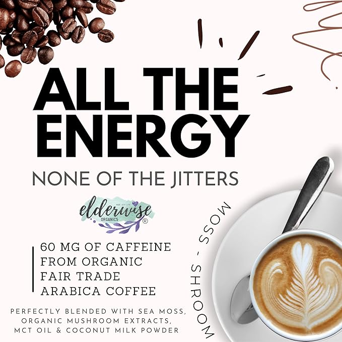 Elderwise Organics Coffee - Latte - Lion's Mane, Chaga, Reishi, Cordyceps, MCT Oil, Coconut Cream & Sea Moss - 12 Servings - Freeze Dried Instant Coffee - Chemical free - Fair Trade
