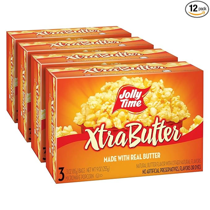 Jolly Time Xtra Butter Trans Fat & Gluten Free Microwave Popcorn with Extra Buttery Fresh Popped Flavor, 3oz Sharing Bag, 3 Bags Per Carton (Xtra Butter, 3 Ounce (Pack of 12))