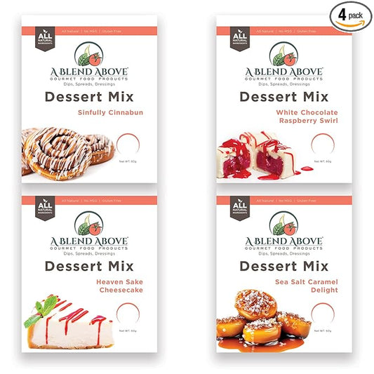 A Blend Above No-Bake Desserts Mix Variety Pack - Includes Heaven Sake Cheesecake, White Chocolate Raspberry, Sea Salt Caramel, and Cinnabun - All Natural, Vegan, Gluten Free, No MSG - Pack of 4