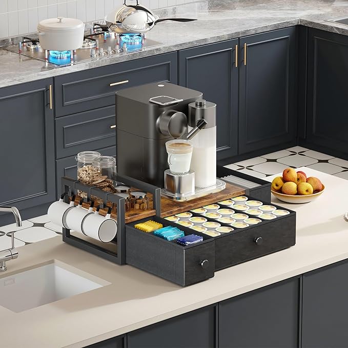 Homeiju Coffee Pod Drawers - K Cup Organizer, Nespresso Pods Holder with Mug Rack, Coffee Holder for Countertop, 52 Capacity Pods, Suitable for Kitchens, Offices and Coffee Bars竊늁atent Pendingç«?,<div>