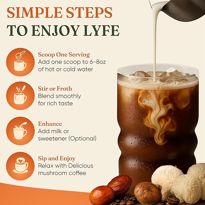 LYFE Organic Instant Decaf Mushroom Coffee ??Lion?™s Mane, Chaga, Cordyceps, Turkey Tail | USA Grown Adaptogenic Mushrooms for Better Energy, Focus, Gut Health, Immunity ??40 Servings