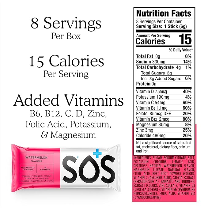 SOS Hydration Electrolyte Powder Packets, Watermelon Flavor, 8 Stick Packs ??Low-Calorie, Rapid Rehydration, Made in USA, Keto & Vegan Friendly