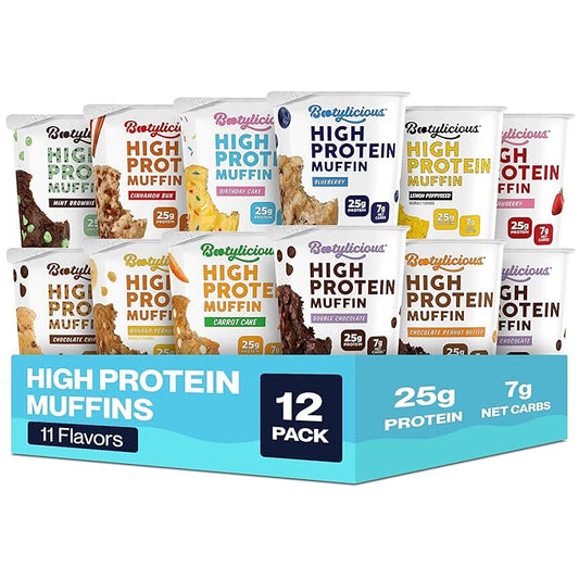 Bootylicious | High-Protein Muffin | 25g Protein, 7g Net Carbs, 2.32-2.75oz Cup, 12-Pack (Variety Pack)