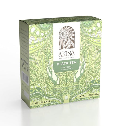 Akina Single-Origin Cardamom Black Tea Bags | 100% Naturally Flavored Tea, Kenyan Origin, Gourmet beverage, Support Digestive Health and Heart Health (100 String & Tag Bags, 200g)