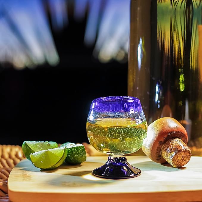 Authentic Mexican Tequila Hand Blown Shot Glasses - Set of 4-2 oz - Mini Glass Snifters - Heavy Base - Cognac (Cobalt Blue Rim)