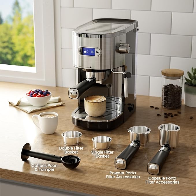 Espresso Machine 20 Bar, Professional Compact Stainless Steel Coffee Maker with LCD Display, Steam Wand, 45oz Removable Water Tank, for Espresso, Cappuccino, Latte at Home or Office