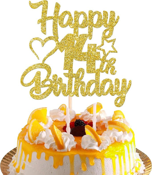1 Pack Happy 14th Birthday Cake Topper Glitter Heart Star 14 Fabulous Cake Pick Birthday Sign Cake Decorations for 14th Birthday Theme Party Supplies Gold