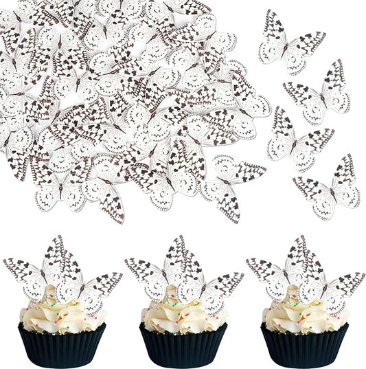 48 PCS Wafer Paper Cupcake Toppers - Edible Butterfly Cupcake Picks & Decorations for Butterfly Theme Baby Shower & Kids Birthday Party Cake Decorations - Brown