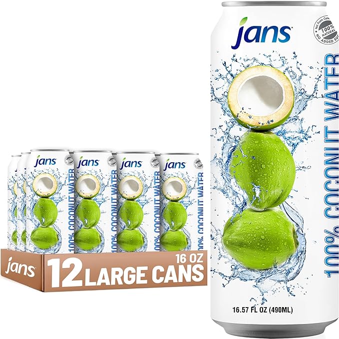Jans 100% Pure Coconut Water with Real Pulp (12-Pack 16.57 Fl Oz) - No Sugar Added, Non-GMO, Optimal Hydration Natural Electrolytes - Agua de Coco Pulpa Bulk