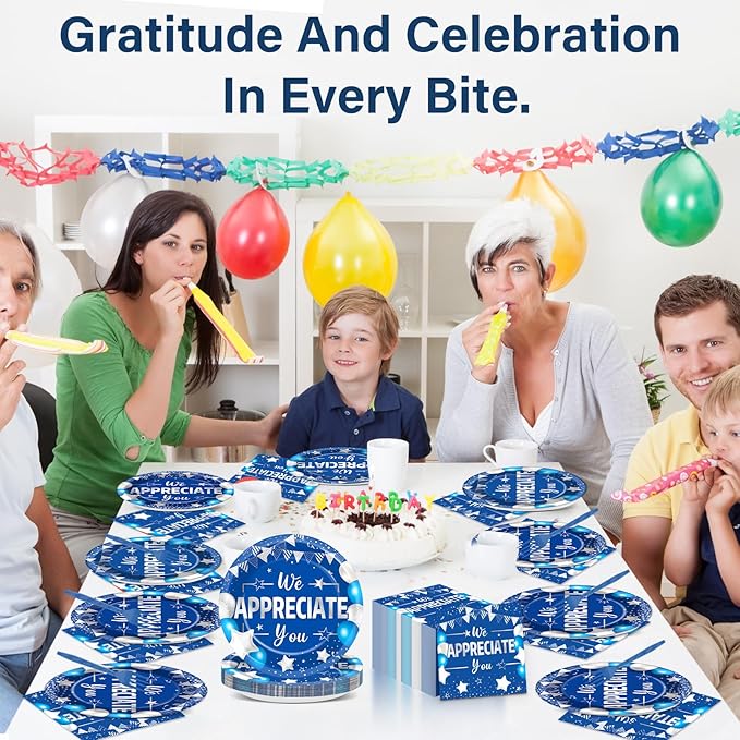96pcs Blue Silver We Appreciate You Plates and Napkins set for Thankful Party Decorations Thank You Dinnerware Tableware Set for 24 Guests Employee Teacher Doctor Graduate Appreciation Party Supplies