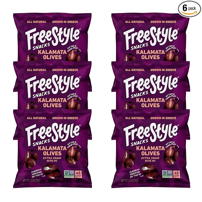Freestyle Snacks Olive Snack Packs - Single Serve - Fresh Pitted Kalamata Olives, Jumbo-Sized, Grown in Greece, All Natural, Non-GMO, Paleo, Sugar-Free, Keto, Salty Snack - Kalamata, 1.1oz (6 Pack)