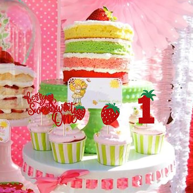 24 Pack Sweet One Cupcake Toppers Glitter First Birthday Strawberry Cupcake Picks for Fruit Baby Shower 1st Birthday Berry Sweet Cupcake Decorations Party Supplies Red