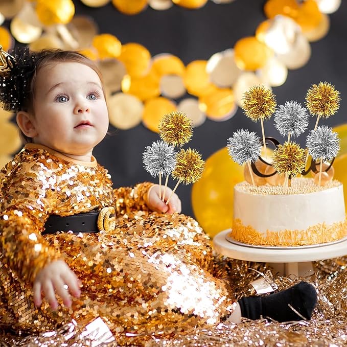 MEMOVAN Foil Firework Cupcake Toppers 100PCS Sparkle Tinsel Cake Toppers Tinsel Drink Stirrer Gold Silver Cake Cupcake Decoration Cocktail Picks for Birthday Wedding Graduation Party Sipplies