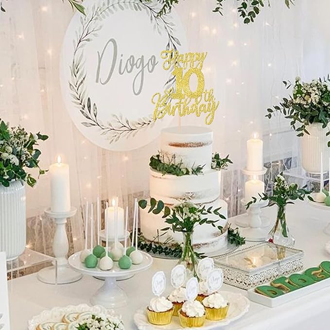 1 PCS Happy 10th Birthday Cake Topper Glitter Cheers to 10 Years Birthday Cake Pick Ten 10 Fabulous Cake Decoration for Happy 10th Birthday Anniversary Theme Party Decorations Supplies Gold
