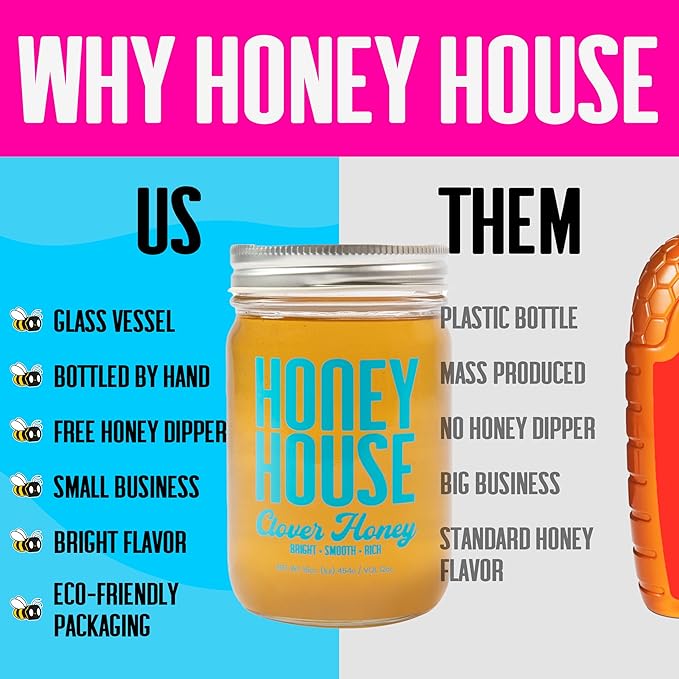 Honey House 100% Raw Clover | Pure & Unfiltered | Premium American-Sourced Natural Sweetener | 12oz Glass Jar | Nutrient-Rich | No Additives - (2 Pack)