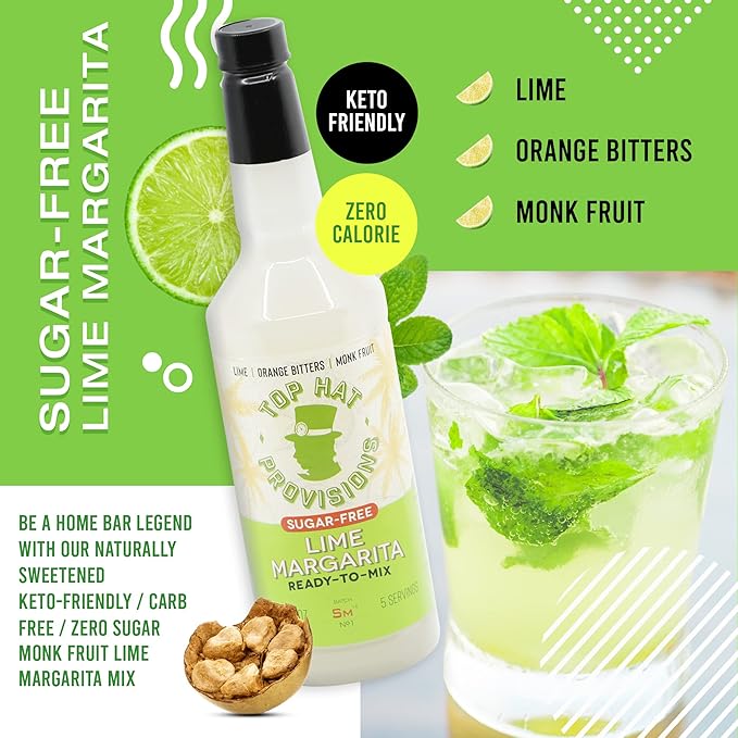 Top Hat Keto Sugar Free Lime Margarita Mix - Naturally Sweetened with Monk Fruit - Craft Mixer for Skinny Margarita Cocktail Drinks - 32oz Bottle