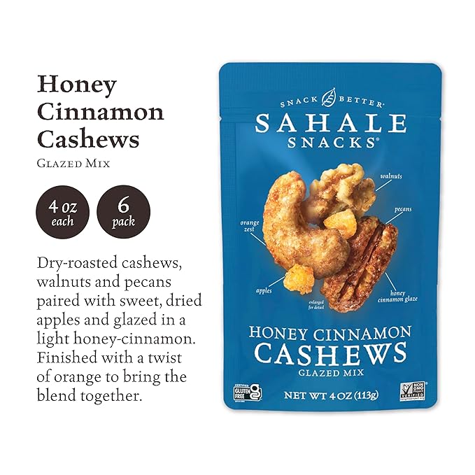 Sahale Snacks Honey Cinnamon Cashews Glazed Mix, 4 Ounce (Pack of 6)
