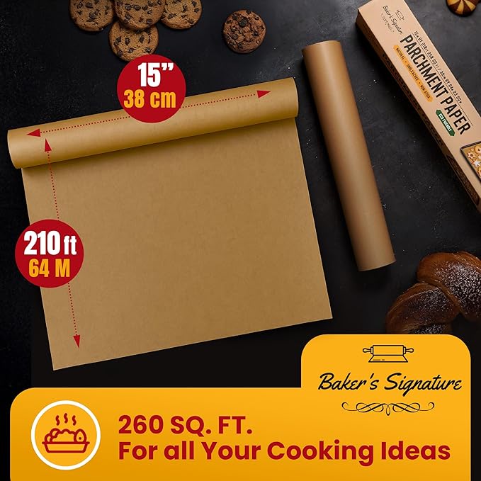 260 Sq.Ft Unbleached Parchment Paper for Baking ??Roll with Cutter, Heavy Duty Non-Stick Brown Parchment for Baking, Cooking, Grilling, Steaming and Air Fryer, 15in x 210ft by Baker?™s Signature