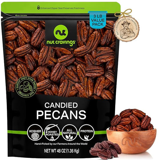NUT CRAVINGS - Candied Pecans Honey Glazed Praline, No Shell (48oz - 3 LB) Bulk Nuts Packed Fresh in Resealable Bag - Healthy Protein Food Snack, Food Assortments