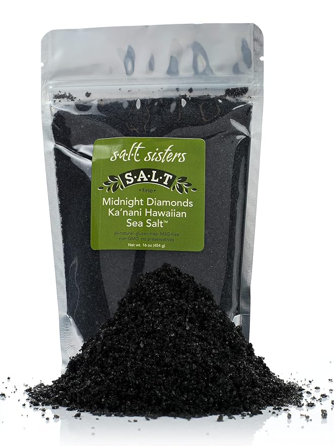 s.a.l.t. sisters Midnight Diamonds Ka'nani Hawaiian Sea Salt | All-Natural, Gluten Free, MSG Free, Non-GMO | Dissolvable Coconut Shell Charcoal Infused Fine Salt for Meat, Fish, Vegetables | 1lb