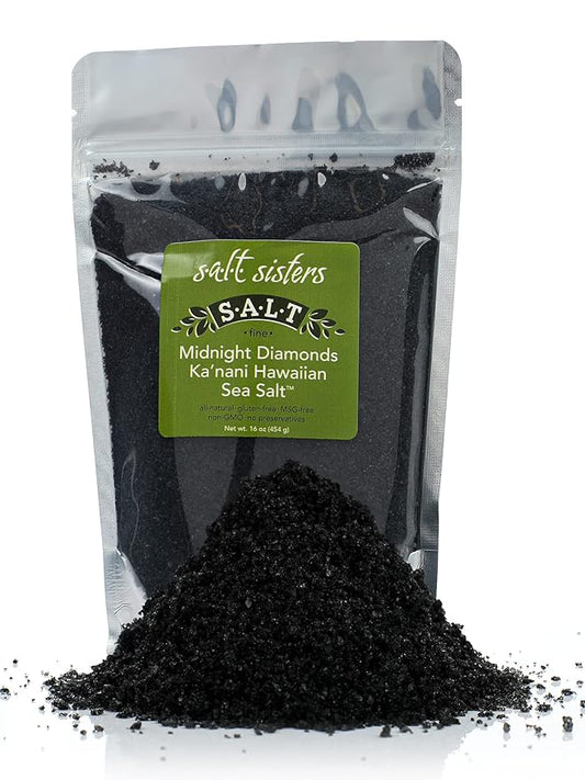 s.a.l.t. sisters Midnight Diamonds Ka'nani Hawaiian Sea Salt | All-Natural, Gluten Free, MSG Free, Non-GMO | Dissolvable Coconut Shell Charcoal Infused Fine Salt for Meat, Fish, Vegetables | 1lb
