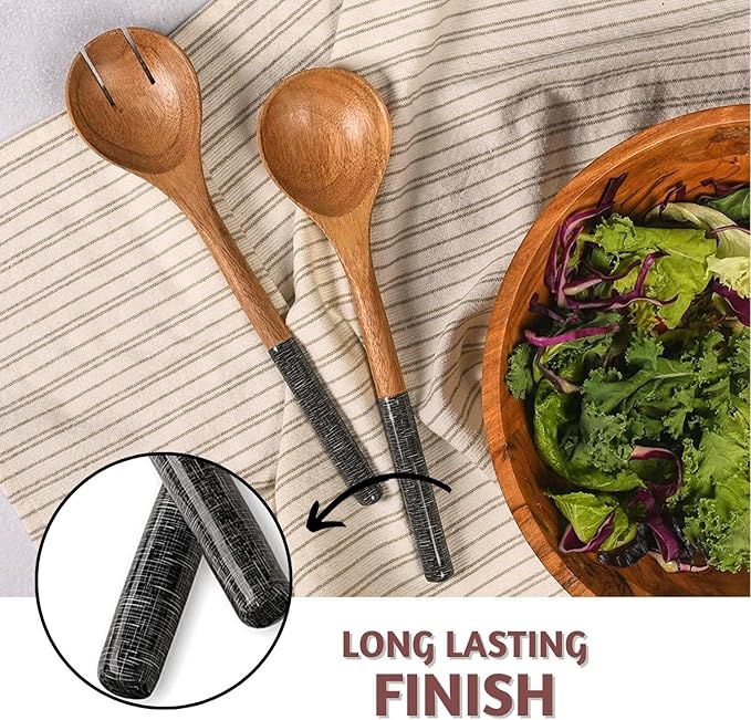 Folkulture Salad Servers or Salad Tongs, Wooden Utensils for Serving Salad, 12-inch Spoon and Fork Set, Mango Wood, Black Servers