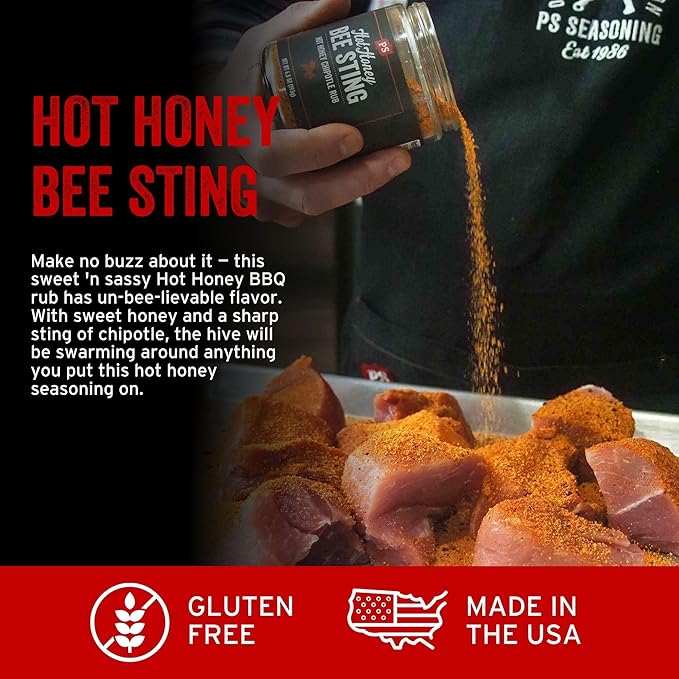 PS Seasoning Bee Sting - Hot Honey Chipotle BBQ Seasoning and Rubs for Smoking, Grilling, Baking - Sweet and Spicy Chipotle Flavor, Dry BBQ Rubs and Spices for Grilling Steaks, Pork, Chicken, Beef