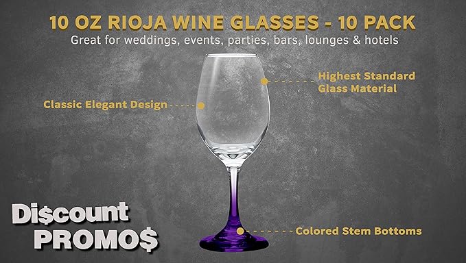 DISCOUNT PROMOS Rioja Wine Glasses with Stem 10 oz. Set of 10, Bulk Pack - Color Bottom, Perfect for Wedding, Party Favors, Birthday, Bridal Shower Gifts - Purple