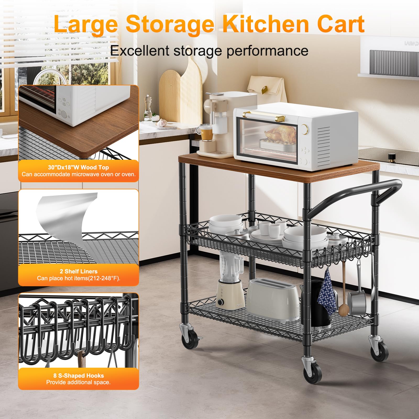 NTE Rolling Kitchen Carts on Wheels, 650Lbs Capacity 3 Tier Utility Cart with Wood Tabletop