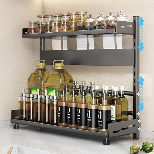 VORA Spice Organization for Cabinet, 2-Tier Metal Height-Adjustable Kitchen Countertop Spice Cabinet Organizers, Rust-Proof Kitchen Counter Shelf with Guardrail & Knife Block for Pantry